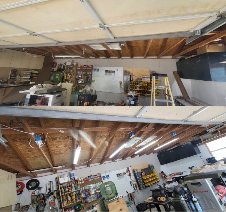 Top) Client's old lighting: One dual bulb fluorescent fixture and one quad bulb fluorescent fixture. Bottom) Four new 42w, 4400lm, 5000K LED Shop Lights. Declutter & Organization Service. Nye County, Pahrump, NV, USA