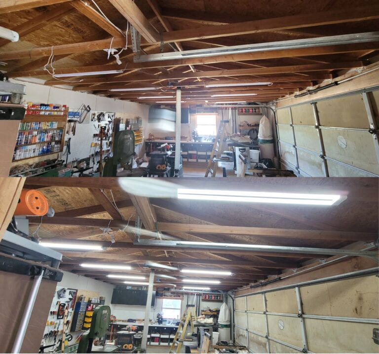 Client's new 42w, 4400lm, 5000K LED Shop Lights two switch system: 1st switch operates six perimeter LED fixtures for when the garage door is open; 2nd switch operates the two LED fixtures for when the garage is closed. Declutter & Organization Service. Nye County, Pahrump, NV, USA