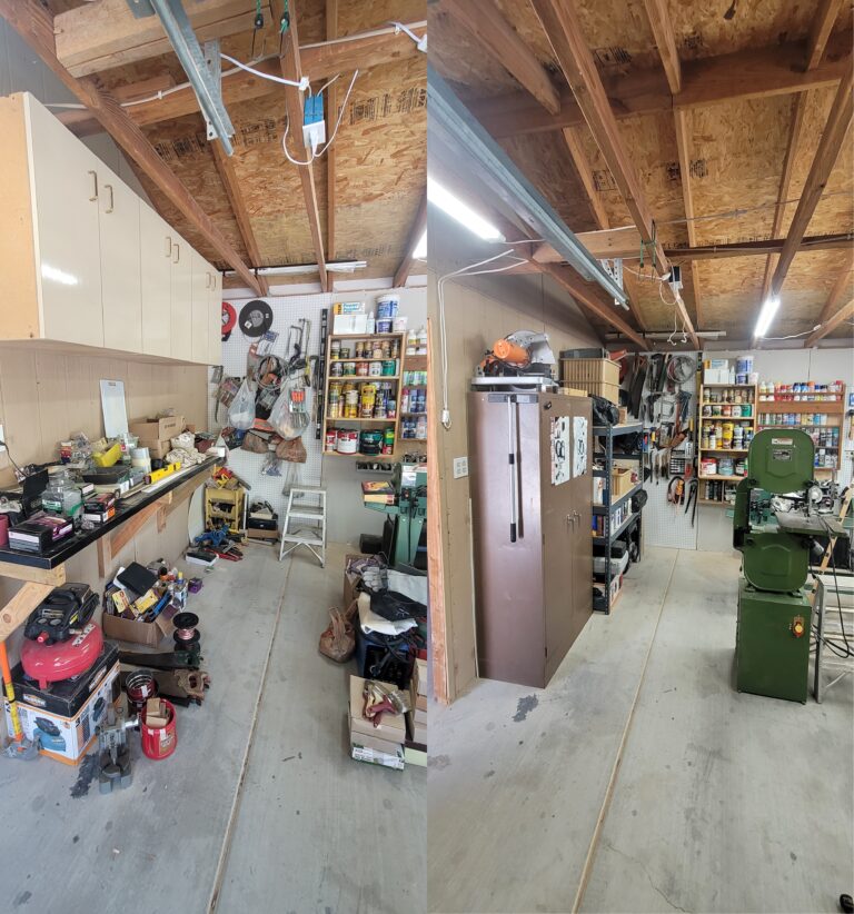 One of the main focuses in this garage/shop. Left) Client had tools and boxes of hardware in stacks that needed to be organized. Right) After A4O rearranged and organized all the tools and all the hardware boxes. Declutter & Organization Service. Nye County, Pahrump, NV, USA