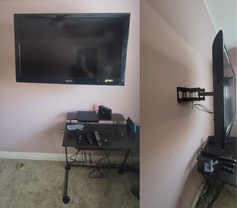 43.7lb 46" Samsung TV hanging on an articulating wall mount. This allows the TV to be utilized while at the desk and repositioned while watching tv in bed. TV Mounting Service. Kern County, Bakersfield, CA, USA.