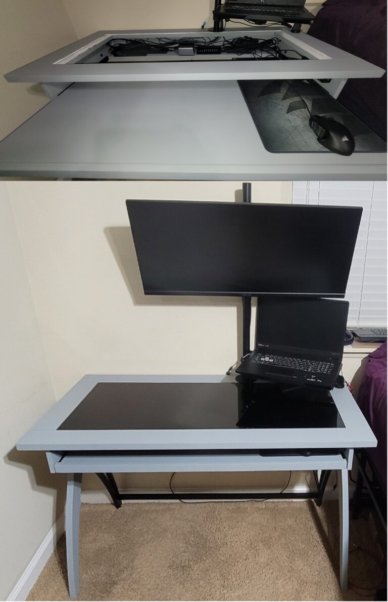 Top) Utilizing the added utility shelf allowed A4O to put all our client's hubs, docking station, and storage devices out of the way, giving an exceptionally clean and organized feel to their at home office desk. Bottom) Glass cleaned up and reinstalled under their 17" XoticPC ASUS TUF Gaming F17 Laptop and 34" ASUS VP34CGL Gaming Monitor system. Special Service. Kern County, Bakersfield, CA, USA
