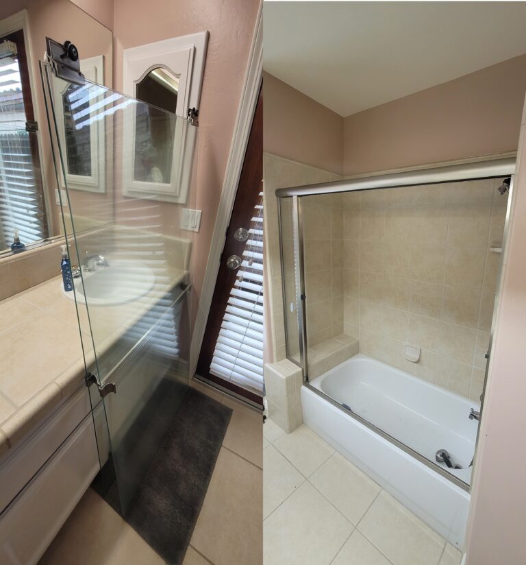 To make this shower/bath more ADA accessible, A4O removed the glass doors, all the framing, cleaned up from the frame, and filled in all the anchor holes from the frame. Handyworker Service. Kern County, Bakersfield, CA, USA