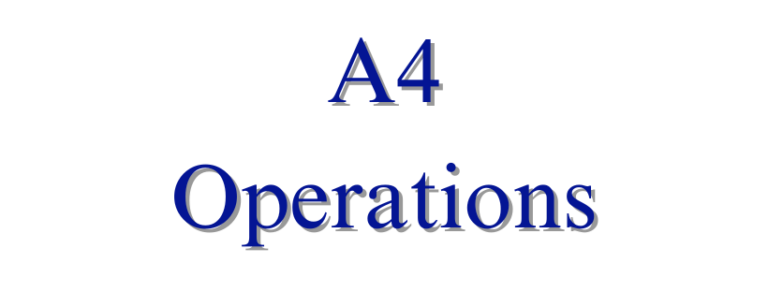 "A4 Operations" v1 banner in blue lettering. Home. About Us. No BS Blog