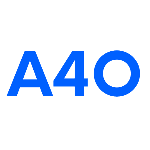 "A4O" v1 logo in blue lettering.